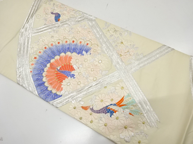 JAPANESE KIMONO / ANTIQUE FUKURO OBI / SILK / WOVEN PEOCOCK & KIKU & CAMELLIA & 